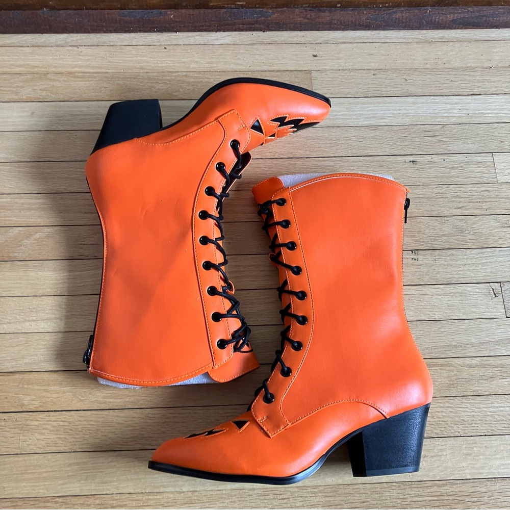 NEW Strange Cvlt Size 8 Orange Black Scary Jack O’Lantern Halloween Boots - Picture 4 of 7